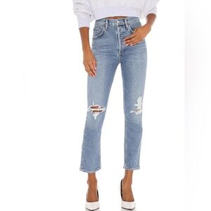 Agolde button fly Riley high rise straight leg denim distressed knees